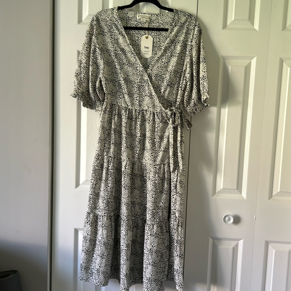 Tiered White with Black Midi Wrap Dress